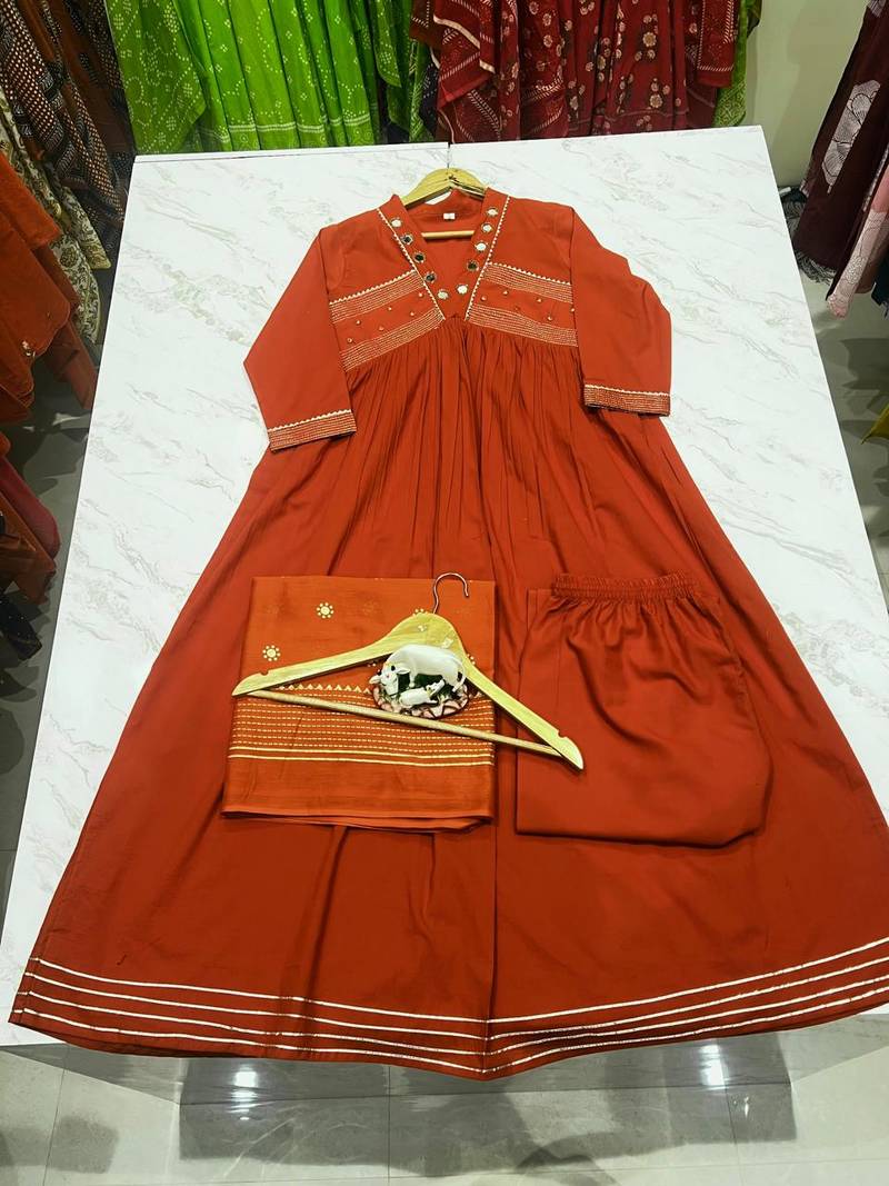 Beautiful orange gorgeous mul cotton real mirror work suit set