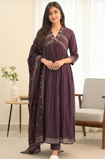 Beautiful purple gorgeous mul cotton real mirror work suit set