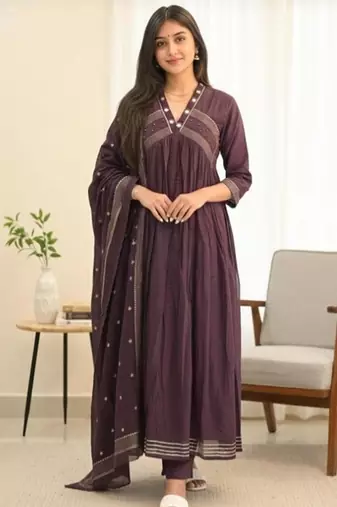 Beautiful purple gorgeous mul cotton real mirror work suit set
