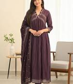 Beautiful purple gorgeous mul cotton real mirror work suit set