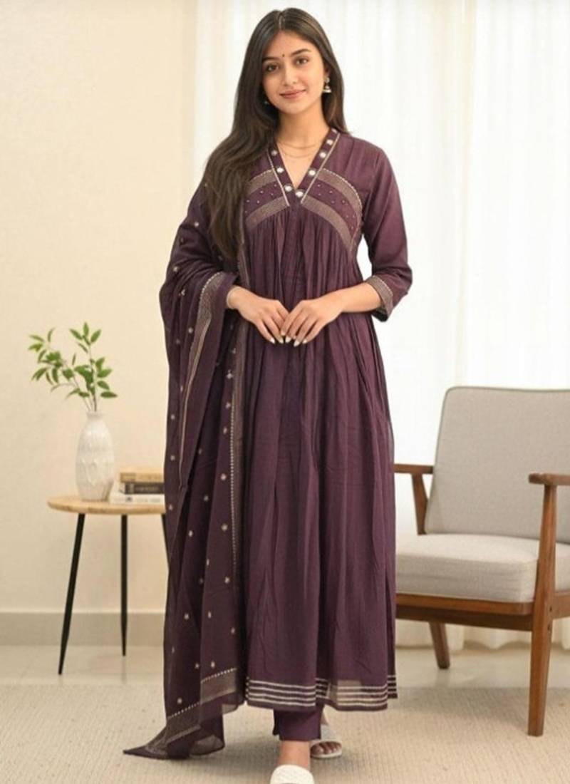 Beautiful purple gorgeous mul cotton real mirror work suit set