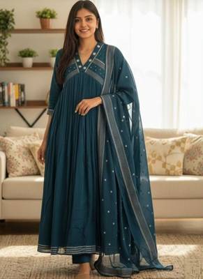 Beautiful teal blue gorgeous mul cotton real mirror work suit set 1