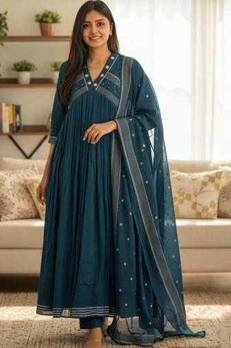 Beautiful teal blue gorgeous mul cotton real mirror work suit set