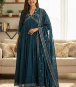 Beautiful teal blue gorgeous mul cotton real mirror work suit set