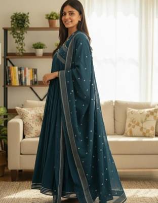 Beautiful teal blue gorgeous mul cotton real mirror work suit set 2