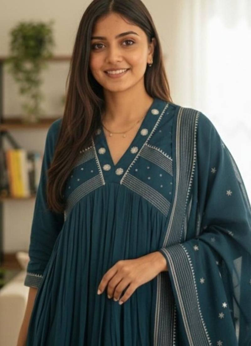 Beautiful teal blue gorgeous mul cotton real mirror work suit set