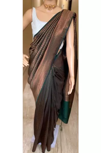 Ethnic green banarasi silk woven saree with unstitched blouse
