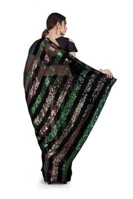 Black sequenced embriodered georgette saree with blouse piece. 2