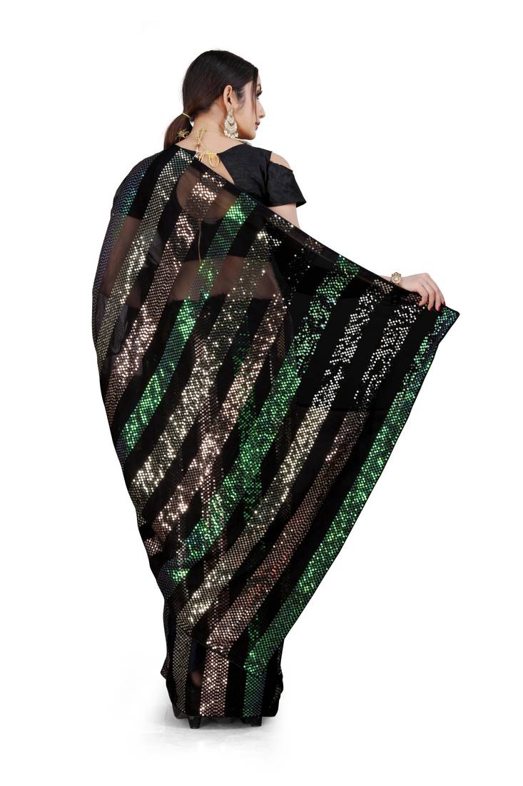 Black sequenced embriodered georgette saree with blouse piece.