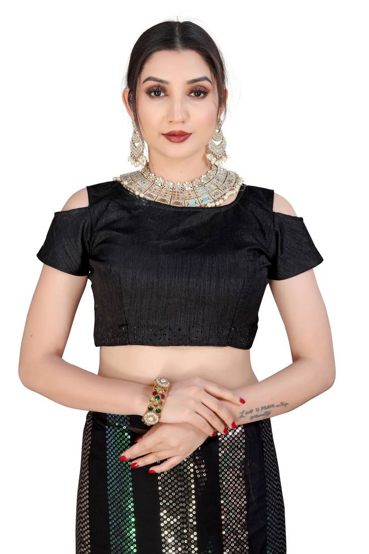 Black sequenced embriodered georgette saree with blouse piece.