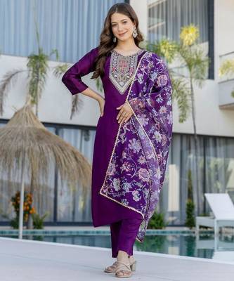 Women's  Embroidery Work Chanderi Cotton Fabric Straight Kurta Pant and Dupatta Set 1