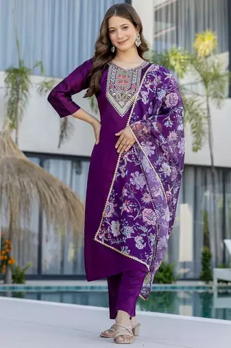 Women's  Embroidery Work Chanderi Cotton Fabric Straight Kurta Pant and Dupatta Set