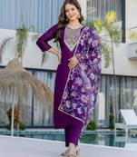 Women's  Embroidery Work Chanderi Cotton Fabric Straight Kurta Pant and Dupatta Set