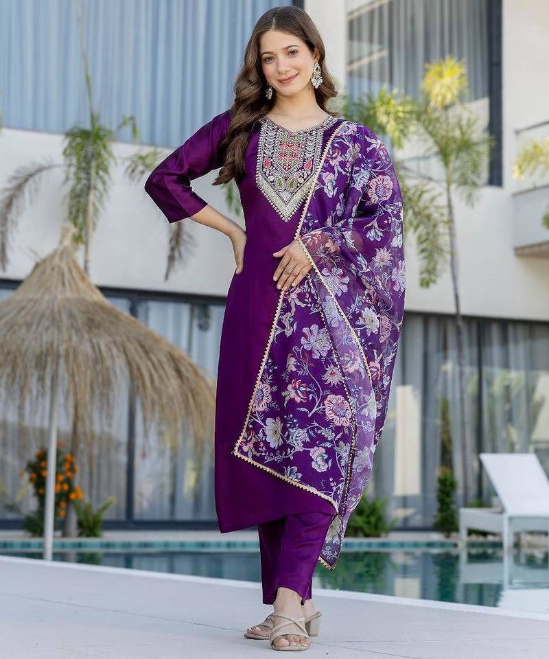 Women's  Embroidery Work Chanderi Cotton Fabric Straight Kurta Pant and Dupatta Set