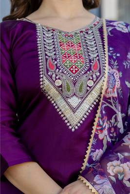 Women's  Embroidery Work Chanderi Cotton Fabric Straight Kurta Pant and Dupatta Set 2