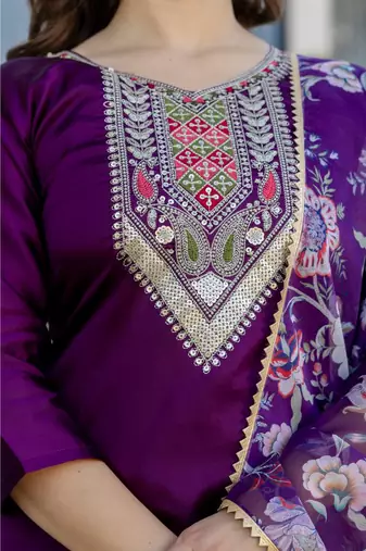 Women's  Embroidery Work Chanderi Cotton Fabric Straight Kurta Pant and Dupatta Set