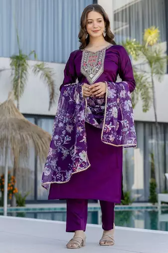 Women's  Embroidery Work Chanderi Cotton Fabric Straight Kurta Pant and Dupatta Set