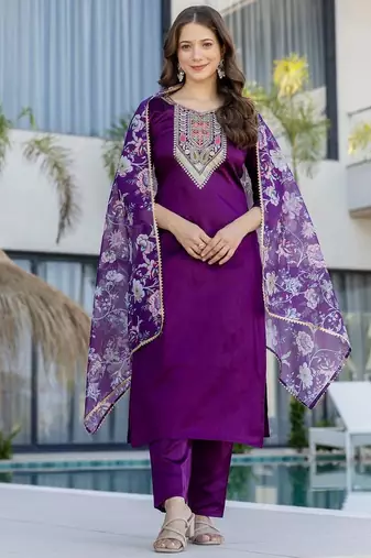 Women's  Embroidery Work Chanderi Cotton Fabric Straight Kurta Pant and Dupatta Set
