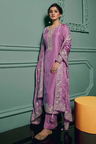 purple dola silk embroidery work party wear suit