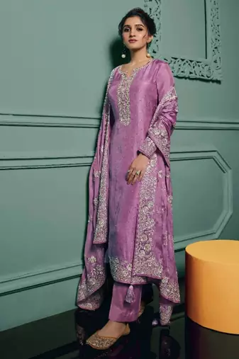 purple dola silk embroidery work party wear suit