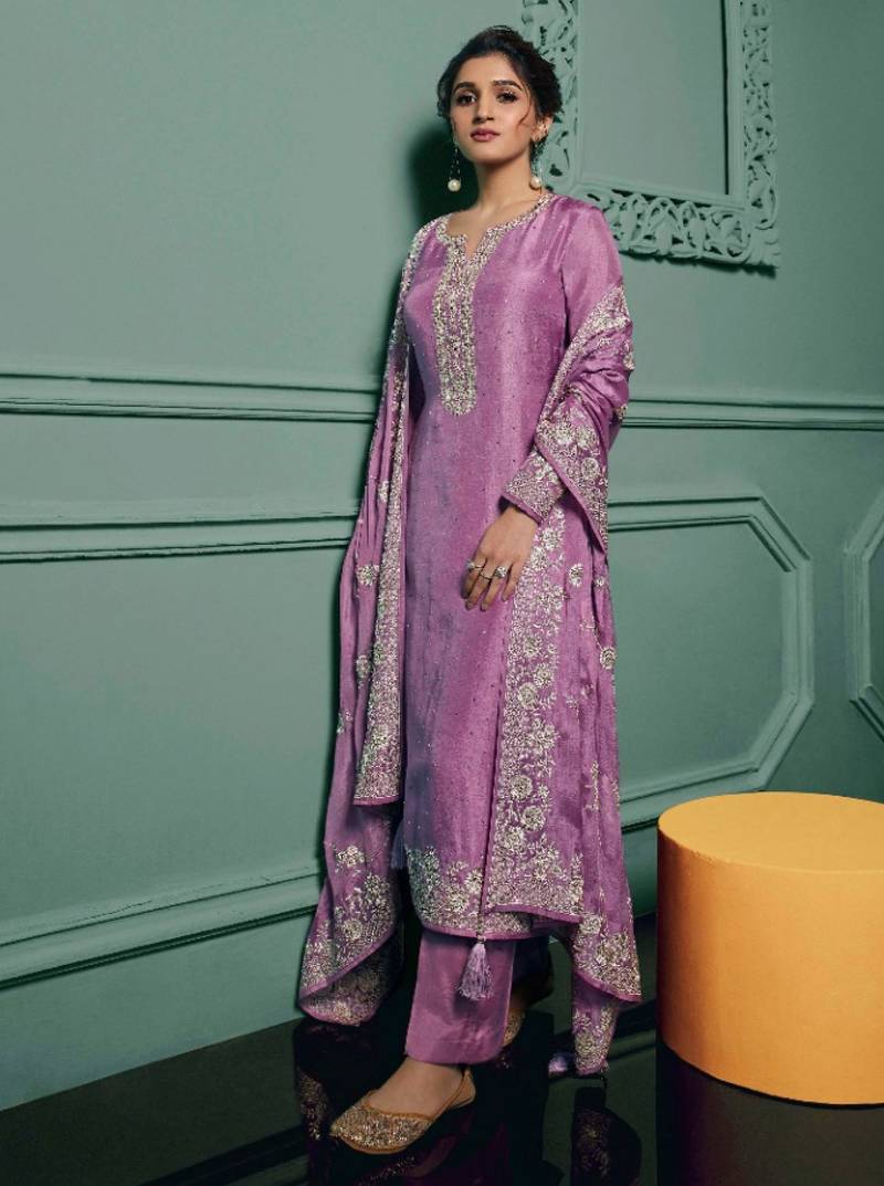 purple dola silk embroidery work party wear suit