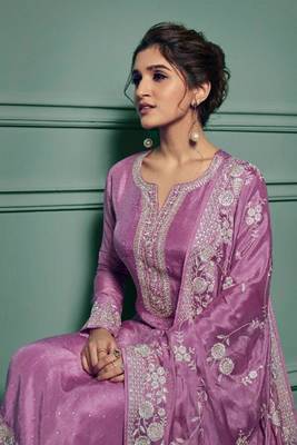 purple dola silk embroidery work party wear suit 2