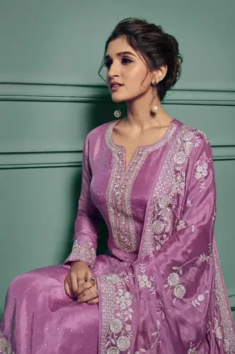 purple dola silk embroidery work party wear suit