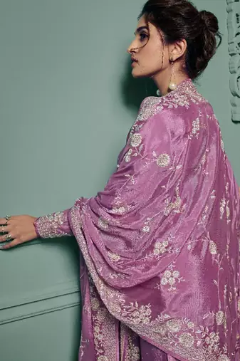 purple dola silk embroidery work party wear suit