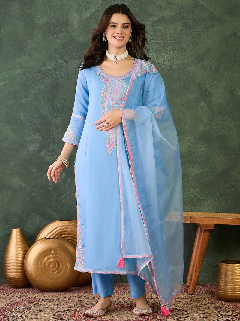 Women's  Embroidery Work Viscose Silk Fabric Straight Kurta Pant and Dupatta Set