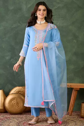 Women's  Embroidery Work Viscose Silk Fabric Straight Kurta Pant and Dupatta Set