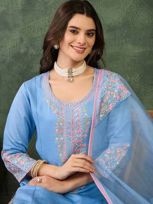 Women's  Embroidery Work Viscose Silk Fabric Straight Kurta Pant and Dupatta Set 2