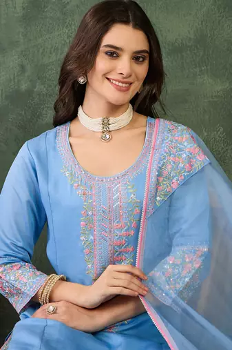 Women's  Embroidery Work Viscose Silk Fabric Straight Kurta Pant and Dupatta Set