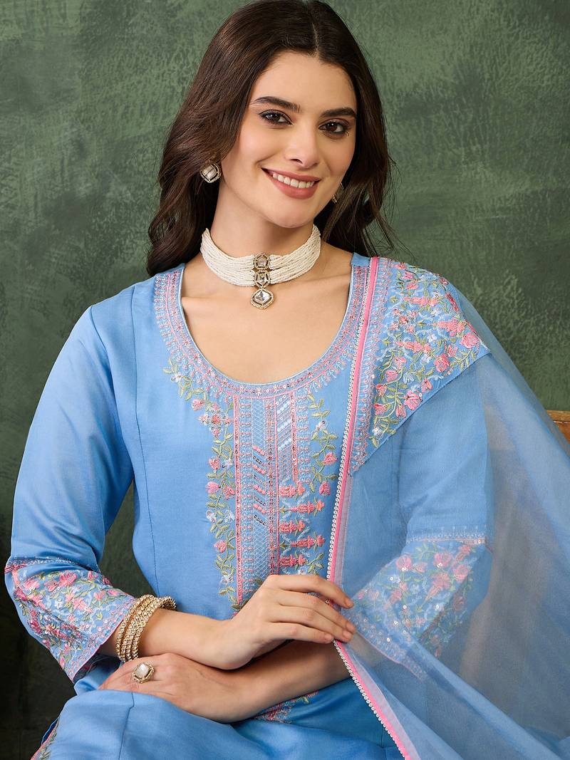 Women's  Embroidery Work Viscose Silk Fabric Straight Kurta Pant and Dupatta Set