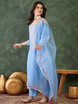 Women's  Embroidery Work Viscose Silk Fabric Straight Kurta Pant and Dupatta Set 3