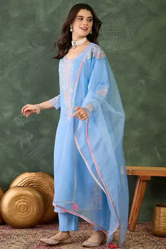 Women's  Embroidery Work Viscose Silk Fabric Straight Kurta Pant and Dupatta Set