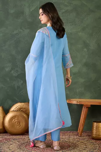 Women's  Embroidery Work Viscose Silk Fabric Straight Kurta Pant and Dupatta Set