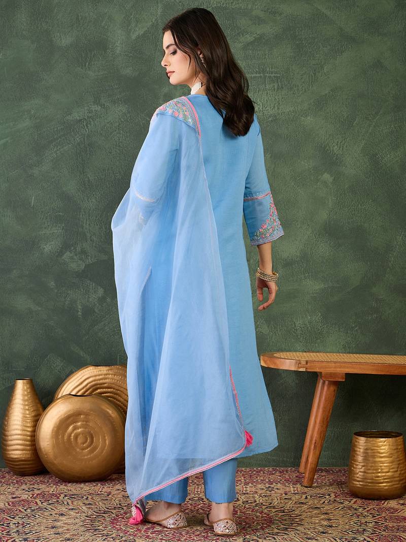 Women's  Embroidery Work Viscose Silk Fabric Straight Kurta Pant and Dupatta Set