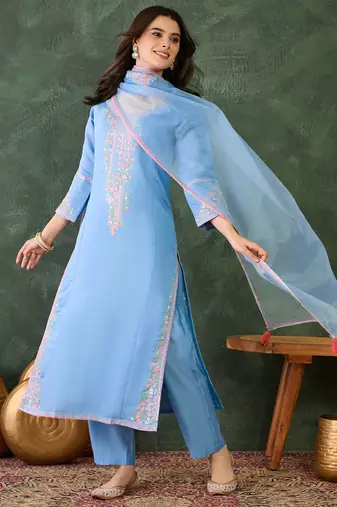 Women's  Embroidery Work Viscose Silk Fabric Straight Kurta Pant and Dupatta Set