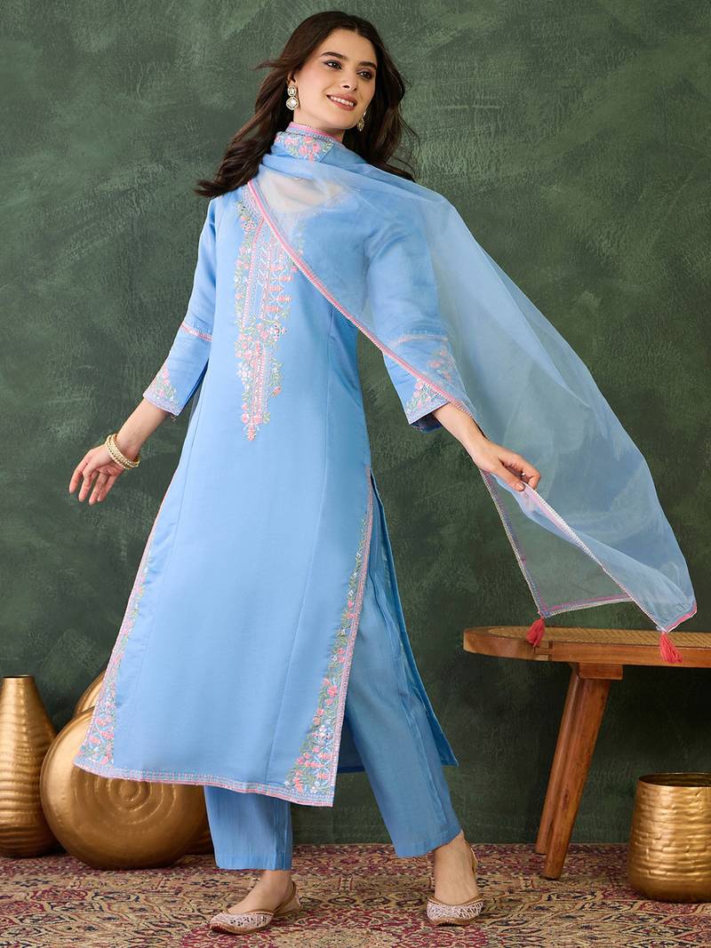 Women's  Embroidery Work Viscose Silk Fabric Straight Kurta Pant and Dupatta Set