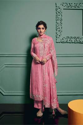 pink dola silk embroidery work party wear suit 1