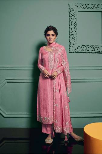 pink dola silk embroidery work party wear suit