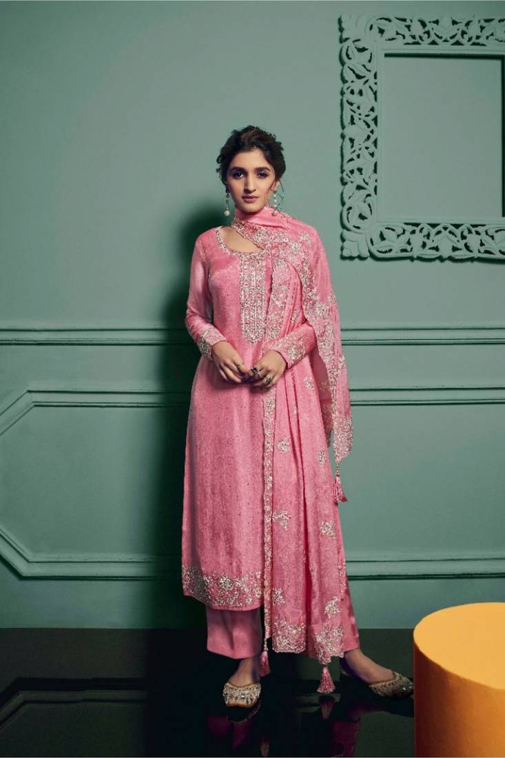 pink dola silk embroidery work party wear suit