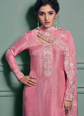pink dola silk embroidery work party wear suit 2