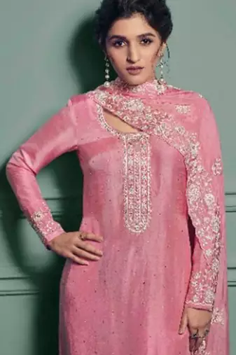 pink dola silk embroidery work party wear suit