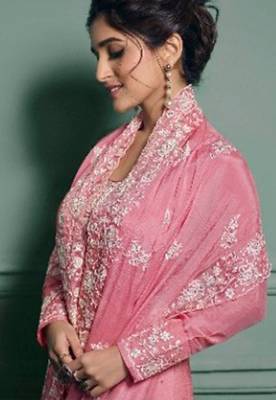 pink dola silk embroidery work party wear suit 3