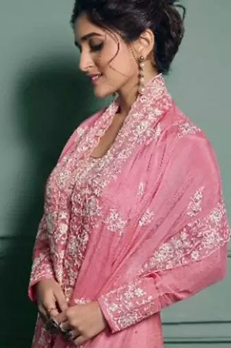 pink dola silk embroidery work party wear suit