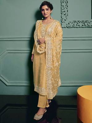 yellow dola silk embroidery work party wear suit 1