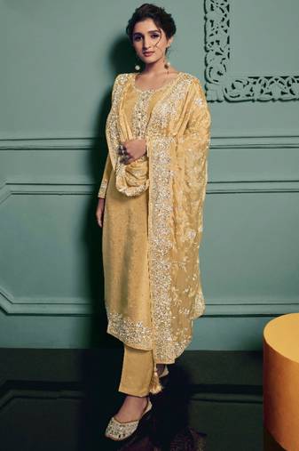 yellow dola silk embroidery work party wear suit