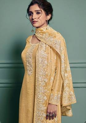 yellow dola silk embroidery work party wear suit 2