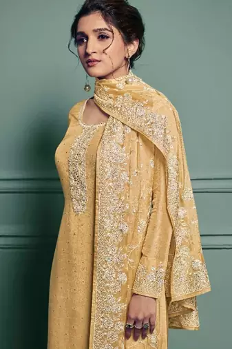 yellow dola silk embroidery work party wear suit